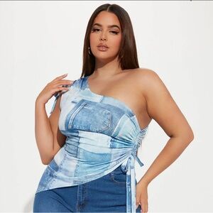 Fashionnova Kristy Denim Print One Shoulder Top - Blue/combo